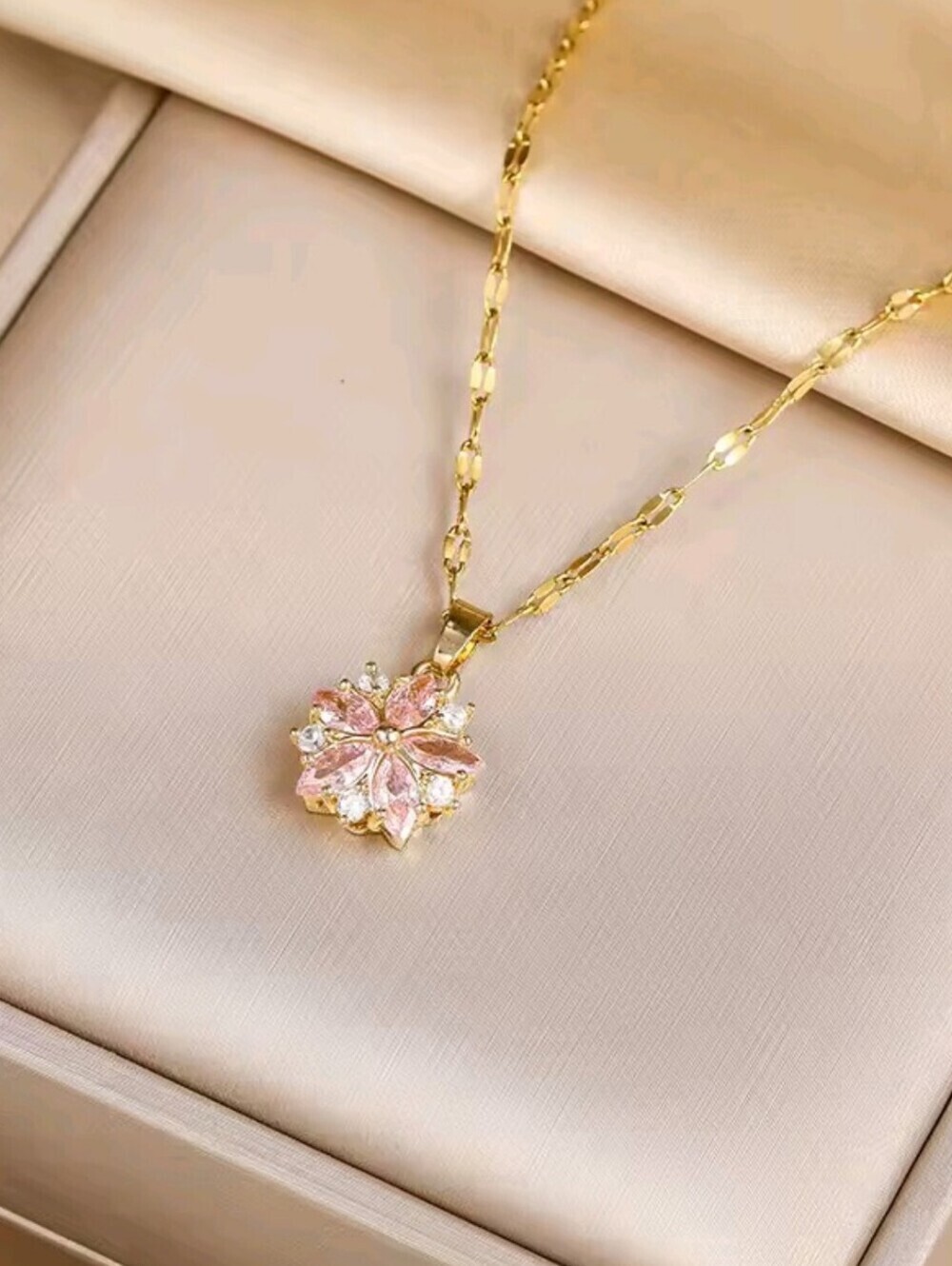 Pink Floral Crystal Necklace 18K Gold Plated Stainless Steel Pendant Necklace